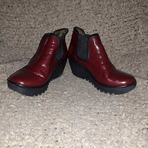 FLY LONDON-YAT-Brick Red Patent Leather Booties-Wedge-Pull-On-Sz 38-Excellent